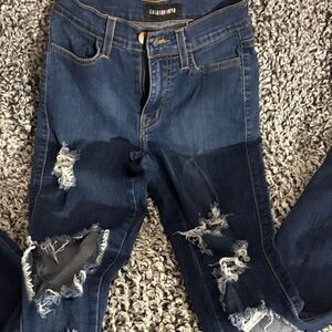 Fashion Nova Dark Blue Distressed Skinny Jeans